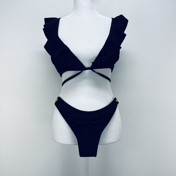 Zaful Other - Zaful Bikini Size S Women’s Ruffle Swinsuit High Waist Side Tie Two Pieces Black